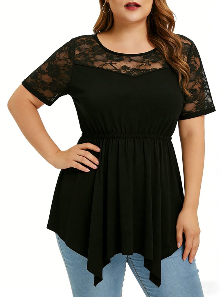 Lace Short-sleeve Top With Elastic Hem, Sheer Fabric, And A Round Neckline