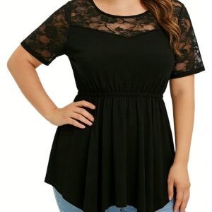 Lace Short-sleeve Top With Elastic Hem, Sheer Fabric, And A Round Neckline