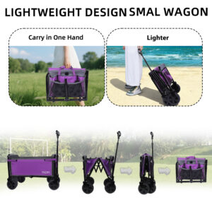 All- In- One Convertible Folding 4- Wheel Trolley With Bench Seat And Dog Leash - Heavy Duty Foldable Utility Trolley For Camping Beach Shopping - Versatile Seating And Storage Space Purple Gray
