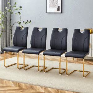 Black PU Dining Chair Set.Uniquely Designed Black Dining Chairs. PU Material, Paired With Gold Metal Chair Legs. Suitable For Offices, Restaurants, Kitchens, Conference Rooms, Etc. Set Of 4