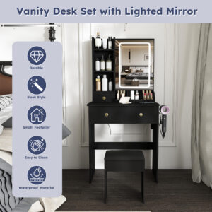 Modern Small Vanity Desk Featuring 3 Modes Of LED Lighting With Adjustable Brightness 3 Drawers And Multiple Open Storage Shelves A Hair Dryer Holder And Power Socket And A Dressing Chair. Black