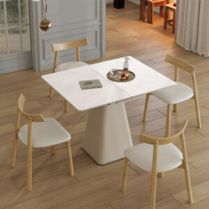 Retractable Rock Slab Dining Table Set Modern 5-Piece Expandable Table With 4 Wooden Leg Chairs & Leather-Wrapped Base Space Saving Kitchen Set For Small Apartments