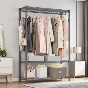 Heavy Duty Garment Rack, Freestanding Clothing Rack For Hanging Clothes With 1 Rod, 3 Tiers & Side Hooks, Adjustable Metal Wardrobe Closet Organizer, 45.3 W X 15.7 D X 72.4 H, Dark Grey