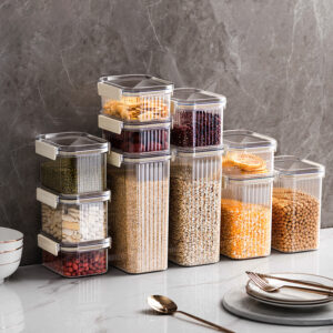 Black White Food Grade Clear Plastic Airtight Storage Containers, Square Thickened Jars With Lids For Grains, Cereal & Dry Food