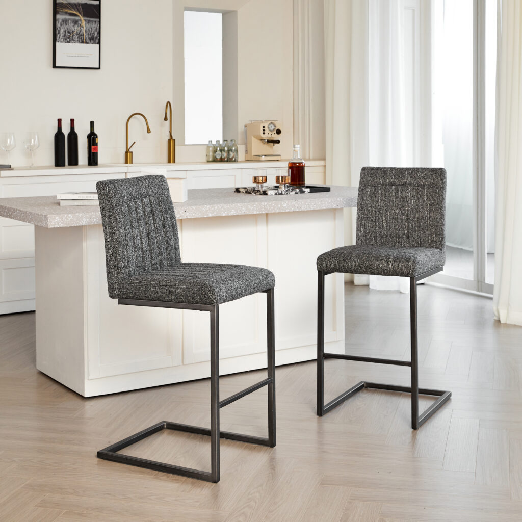 Bar Stool - Speckled Gray Textured Fabric With Vertical Tufted Backrest Sturdy Black Metal Frame & Footrest For Kitchen Island & Home Bar 2 Sets