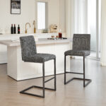 Bar Stool - Speckled Gray Textured Fabric With Vertical Tufted Backrest Sturdy Black Metal Frame & Footrest For Kitchen Island & Home Bar 2 Sets