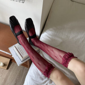 Ankola Red Lace Trim Trendy Girls' Mid-Calf & Over-the-Knee Socks, Y2K Millennium Hot Girl Slouchy Calf Socks