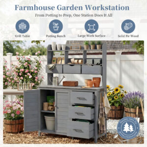With Assembly Video TOPMAx Farmhouse Patio Potting Bench 44.6 X19.5 Large Freestanding Garden Workstation With 6 Drawers Bottom Cabinet And Side Hook Outdoor Kitchen Island Gray