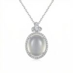 925 Sterling Silver Elegant Oval Moonstone Halo Pendant Necklace with Sparkling Floral Accent
