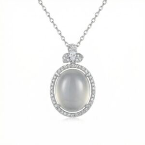 925 Sterling Silver Elegant Oval Moonstone Halo Pendant Necklace with Sparkling Floral Accent