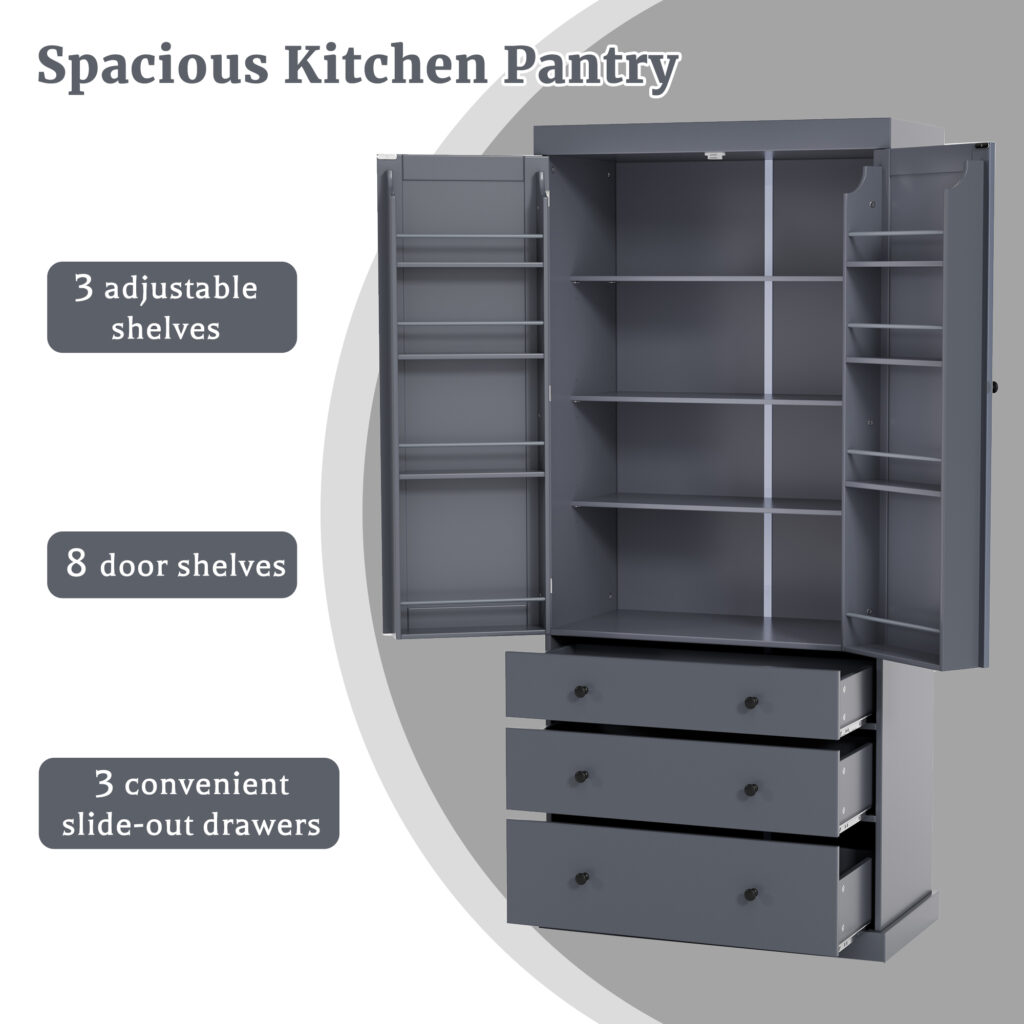 TOPMAx 77 Farmhouse Kitchen Pantry Freestanding Tall Cupboard Storage Cabinet With 3 Adjustable Shelves 8 Door Shelves 3 Drawers For Kitchen Dining Room Gray SP000047