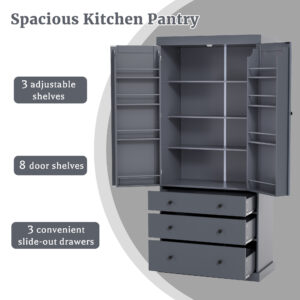 TOPMAx 77 Farmhouse Kitchen Pantry Freestanding Tall Cupboard Storage Cabinet With 3 Adjustable Shelves 8 Door Shelves 3 Drawers For Kitchen Dining Room Gray SP000047