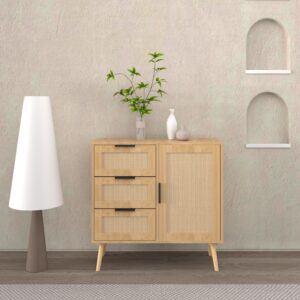 Modern Rattan Wood Dresser Wood Storage Cabinet Sideboard For Bedroom, Living Room, Entryway, Hallway