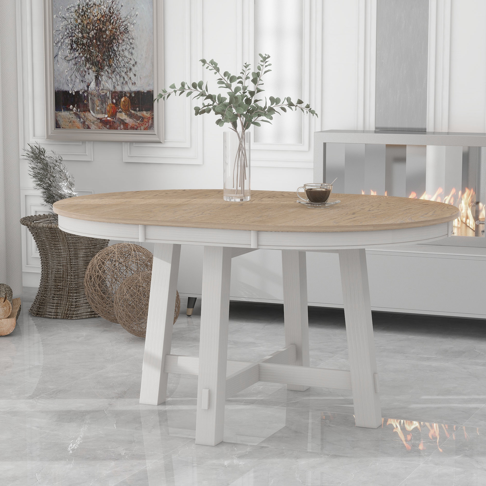TREXM Farmhouse Round Extendable Dining Table With 16 Leaf Wood Kitchen Table Oak Natural Wood Antique White - Image 4
