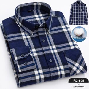 Spring New Mens Casual Fashionable Pure Cotton Brushed Flannel Plaid Long-Sleeve Shirt