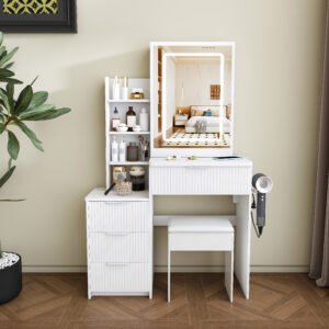 Modern Vanity Desk Featuring 3 Modes Of LED Lighting With Adjustable Brightness With 4 Drawers And Multiple Open Storage Shelves With A Hair Dryer Holder And Power Socket A Dressing Chair.white