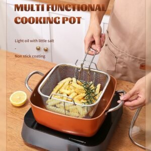 24cm Square Kitchen Fryer Non Stick Chip Pan Potato Fryer W Basket Cooking Pot