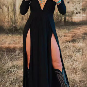 Long-sleeve V-neck Solid-color Hollow-out Dress