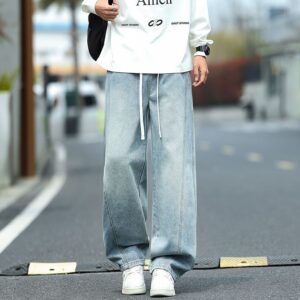 Vintage Washed Drawstring Elastic Waist Jeans, Trendy Loose Straight Leg Pants For Men And Women, All-Match