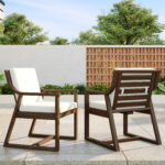 TREXM Patio Dining Chair Set Of 2 Wood Outdoor Armchairs With Removable Cushions For Garden Patio And Poolside Mocha Beige Cushion