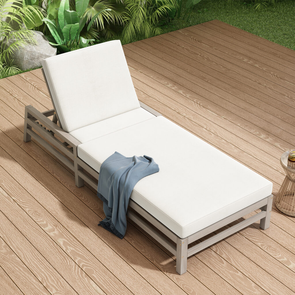 TREXM 5-Position Adjustable Outdoor Chaise Lounge Solid Wood Patio Recliner Chair With Thick Cushions Weather-Resistant For Pool Balcony & Garden Gray