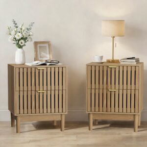 Mid-Modern Style Oak Bedside Table With Grille Design And Two Drawers. Suitable For Bedrooms, Hallways, And Living Rooms. Wooden Side Table, 17.72 X 15.35 X 22.34 Inches, Two-piece Set