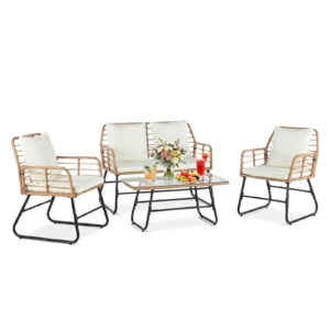 Outdoor Four-piece Garden Furniture Set, Rattan Garden Set, Equipped With Thick Interlayer Structure Cushions, Deep-set All-weather Rattan Sofa