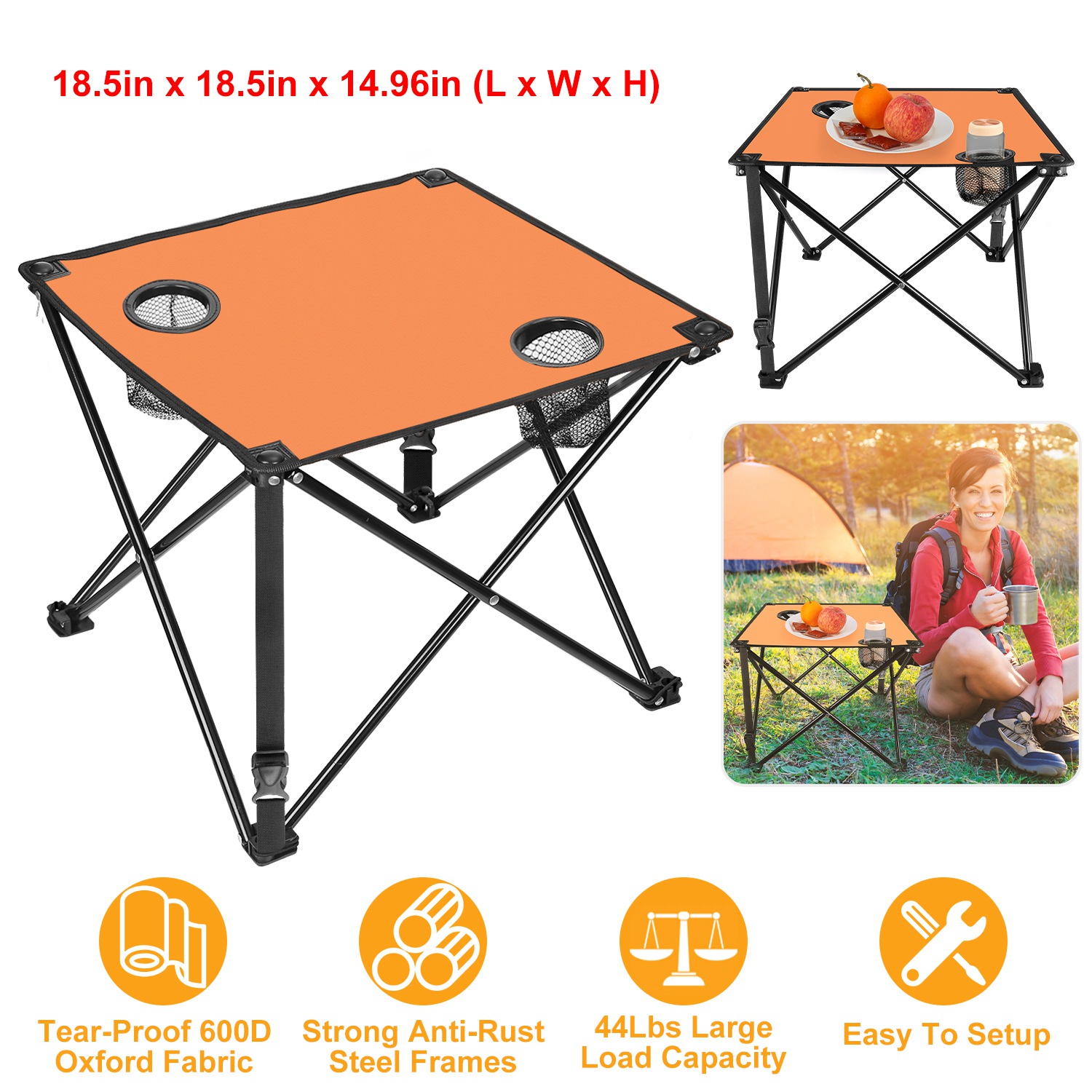 1Pc 2Pc Options Foldable Camping Table Portable Picnic Table Lightweight Travel Desk With 2 Cup Holders Carrying Bag Color Options Black Orange Green Red Blue Navy Blue - Image 2