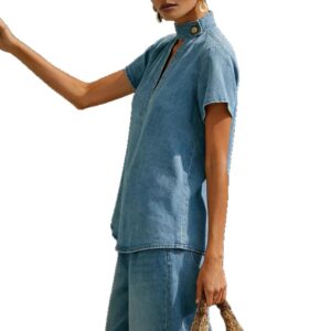 Solid-color Short-sleeve Casual Loose-fit Faux Denim Two-piece Set