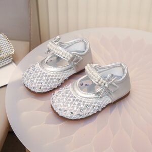 Girls' Rhinestone Sandals, Soft Soled Princess Shoes, Children's Pearl Hollow Single Shoes, Trendy