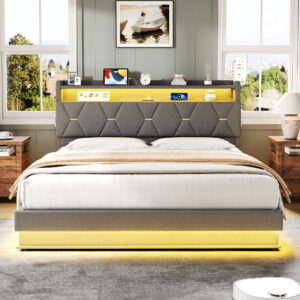 4ft6 Double Upholstered Bed Frame With Hydraulic Storage, LED Headboard With Charging Station And Concealed Headboard Storage, USB And Type - C Ports, Linen, No Box Spring Needed, Grey No Mattress
