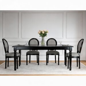 French Country Dining Chairs Set Of 2, Upholstered Chairs With Sponge Round Back , For Living Room, Kitchen , Restaurant Use, Black Solid Wood Frame,Light Grey Fabric