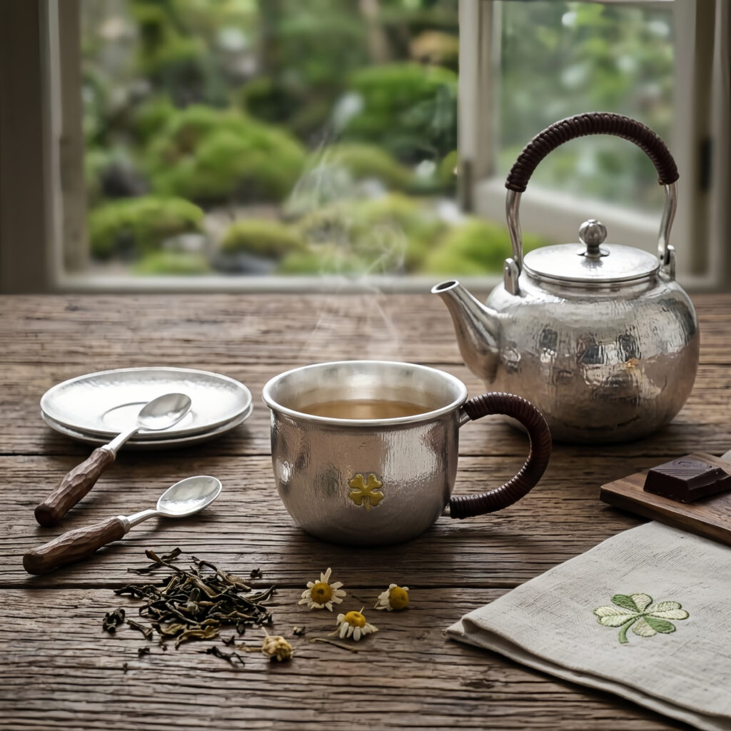 925 Sterling Silver Hammered Silver Cup with Four-Leaf Clover Motif and Rattan Wrapped Handle - Handicraft