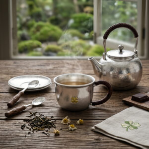 925 Sterling Silver Hammered Silver Cup with Four-Leaf Clover Motif and Rattan Wrapped Handle – Handicraft