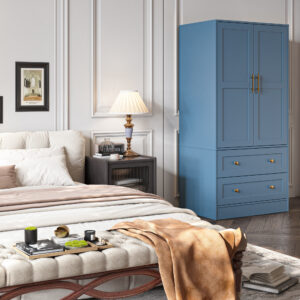 Shaker Style Classic Two-Door Wardrobe, Solid Wood Bedroom Armoire With Hanging Rod And Shelves, Spacious Storage Closet, Modern Farmhouse Design