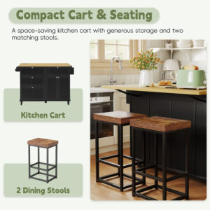 Available TOPMAX Farmhouse Kitchen Island With Drop Leaf And 2 Seatings, Kitchen Table Set With Storage Cabinet, Drawers, Door Shelves And Power Outlet, Black