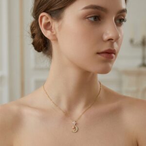 Portrait of a woman wearing a gold moon pendant necklace in a softly lit indoor setting