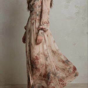 Retro Chiffon Printed Crew-Neck Long-Sleeve Pleated Waist Floral Dress