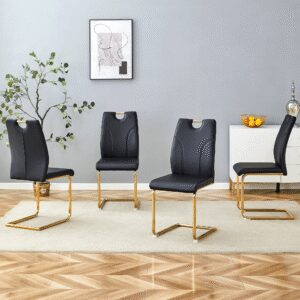 Black PU Dining Chair Set.Uniquely Designed Black Dining Chairs. PU Material, Paired With Gold Metal Chair Legs. Suitable For Offices, Restaurants, Kitchens, Conference Rooms, Etc. Set Of 4