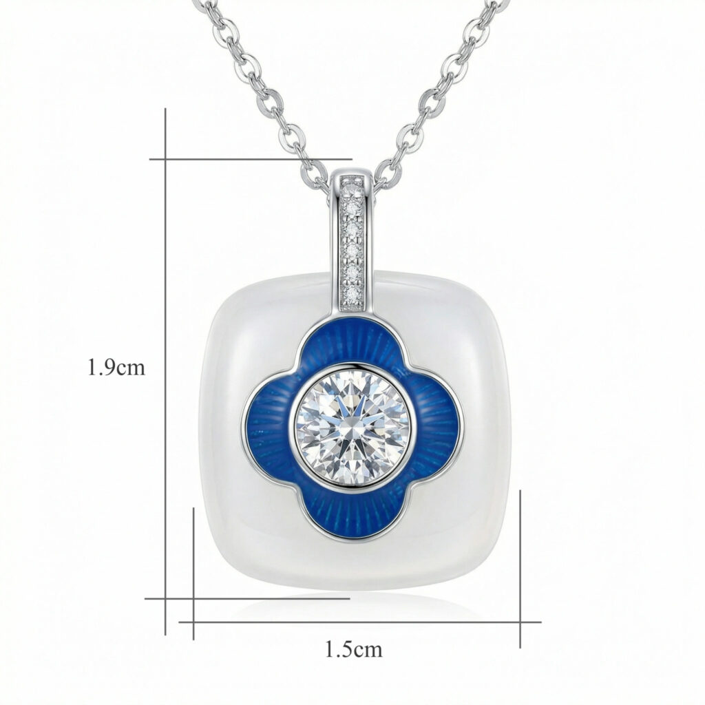 925 Sterling Silver Elegant Blue Clover CZ Pendant Necklace with White Cushion Ceramic
