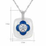 925 Sterling Silver Elegant Blue Clover CZ Pendant Necklace with White Cushion Ceramic