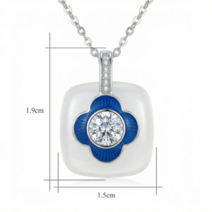 925 Sterling Silver Elegant Blue Clover CZ Pendant Necklace with White Cushion Ceramic
