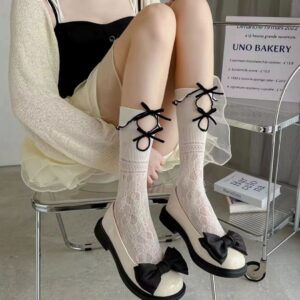 Lolita JK Hollow Socks For Women, Sweet Mid-Calf Socks With Double Lace & Bows, Thin Style For Spring And Summer