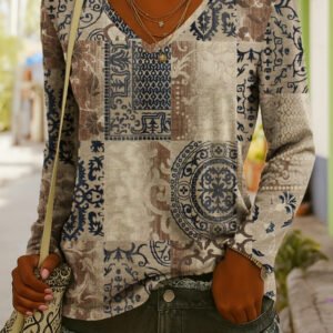 Fashionable Ethnic-Style Printed V-Neck Long-Sleeve T-Shirt
