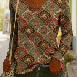 Fashionable Ethnic-Style Printed V-Neck Long-Sleeve T-Shirt