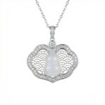 925 Sterling Silver Elegant Sterling Silver White Jade Gourd Pendant Necklace with CZ-Encrusted Cloud Frame