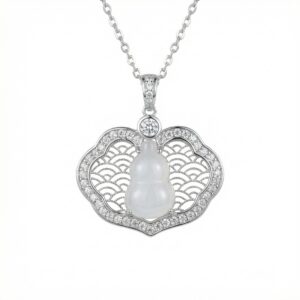 925 Sterling Silver Elegant Sterling Silver White Jade Gourd Pendant Necklace with CZ-Encrusted Cloud Frame