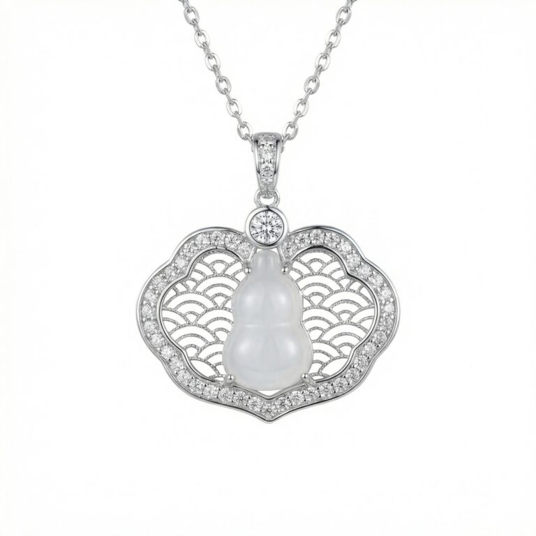 925 Sterling Silver Elegant Sterling Silver White Jade Gourd Pendant Necklace with CZ-Encrusted Cloud Frame