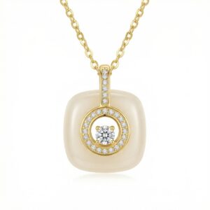 925 Sterling Silver Sparkling Diamond Halo Cushion-Cut Cream Stone Pendant Necklace