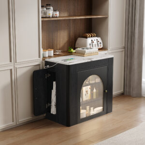 TREXM Extendable Dining Table With 3 Removable Middle Leaves Mobile Rolling Island Table With Power Outlet Saving-space Cabinet With Storage For Dining Room And Living Room BLACK AND MARBLE WHITE